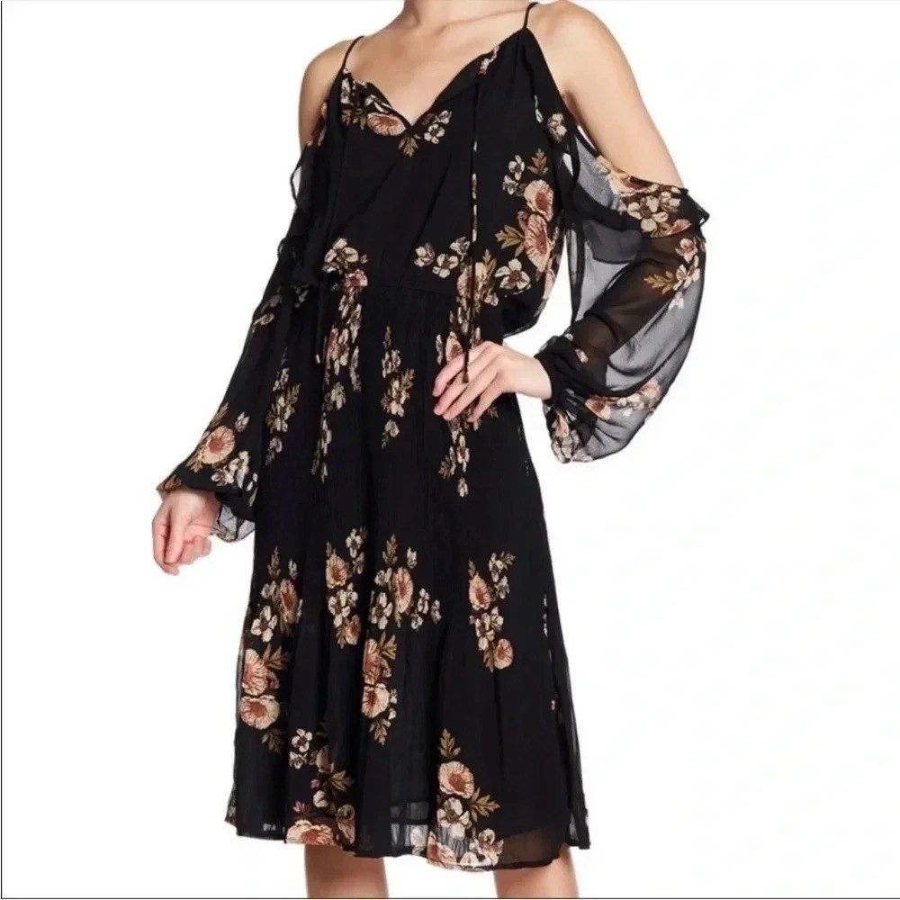 Astr Black Floral Cold-Shoulder Midi Dress with Peach Blossoms